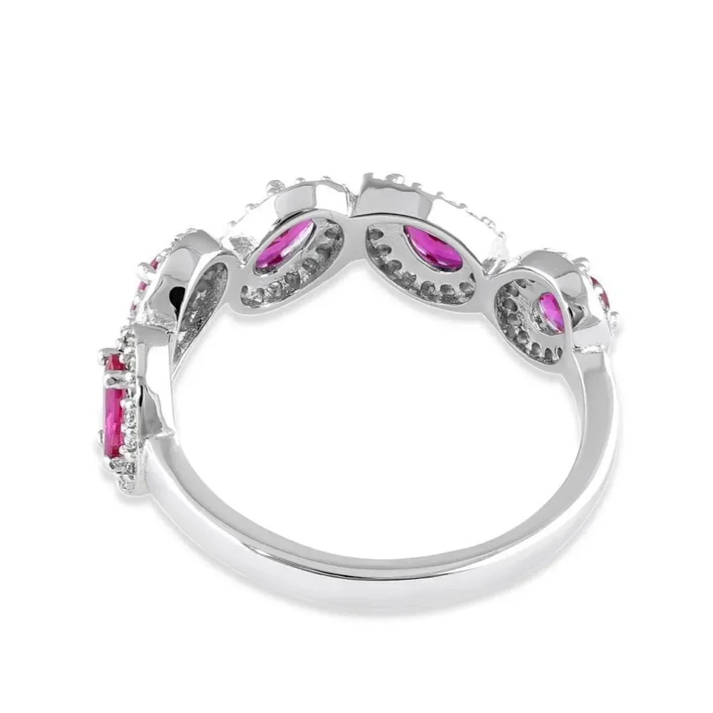 Sterling Silver Half Eternity Pear and Oval Halo Ruby and Clear CZ Ring New